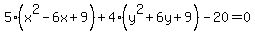 5%28x%5E2-6x%2B9%29%2B4%28y%5E2%2B6y%2B9%29-20=0