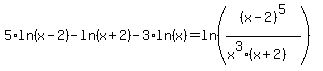 5%2Aln%28x-2%29-ln%28x%2B2%29-3%2Aln%28x%29=ln%28%28x-2%29%5E5%2F%28x%5E3%28x%2B2%29%29%29