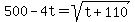 500-4t=sqrt%28t%2B110%29