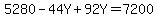 5280-44Y%2B92Y=7200