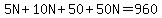 5N%2B10N%2B50%2B50N=960