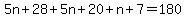 5n%2B28%2B5n%2B20%2Bn%2B7=180