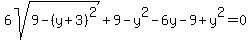 6sqrt%289-%28y%2B3%29%5E2%29%2B9-y%5E2-6y-9+%2B+y%5E2+=+0
