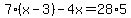 7%28x-3%29+-+4x+=+28%2A5