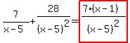 7%2F%28x-5%29+%2B+28%2F%28x-5%29%5E2=highlight%28%287%28x-1%29%29%2F%28x-5%29%5E2%29