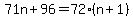 71n%2B96=72%28n%2B1%29