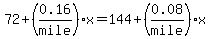 72%2B%280.16%2Fmile%29x=144%2B%280.08%2Fmile%29x