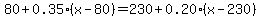 80%2B0.35%28x-80%29=230%2B0.20%28x-230%29