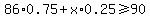 86%2A0.75%2Bx%2A0.25%3E=90