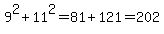 9%5E2+%2B+11%5E2+=+81+%2B+121+=+202