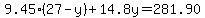 9.45%2827-y%29%2B14.8y=281.90