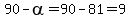 90-alpha=90-81=9