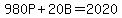 980P%2B20B+=+2020