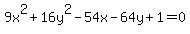 9x%5E2+%2B+16y%5E2+-54x+-+64y+%2B+1+=+0