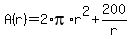 A%28r%29=2%2Api%2Ar%5E2%2B200%2Fr