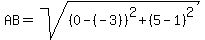 AB=sqrt%28%280-%28-3%29%29%5E2%2B%285-1%29%5E2%29