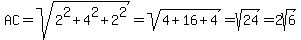 AC=sqrt%282%5E2%2B4%5E2%2B2%5E2%29=sqrt%284%2B16%2B4%29=sqrt%2824%29=2sqrt%286%29