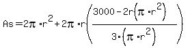 As=2pi%2Ar%5E2%2B2pi%2Ar%28%283000-2r%28pi%2Ar%5E2%29%29%2F3%28pi%2Ar%5E2%29%29