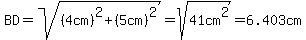 BD=sqrt%28%284cm%29%5E2%2B%285cm%29%5E2%29=sqrt%2841cm%5E2%29=6.403cm