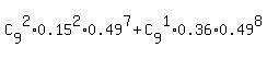 C%5B9%5D%5E2%2A0.15%5E2%2A0.49%5E7+%2B+C%5B9%5D%5E1%2A0.36%2A0.49%5E8