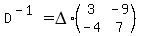 D%5E%28-1%29=DELTA%2A%28matrix%282%2C2%2C3%2C-9%2C-4%2C7%29%29