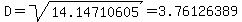 D+=+sqrt%2814.14710605%29+=+3.76126389
