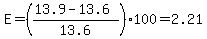 E=%28%2813.9-13.6%29%2F13.6%29%2A100=2.21