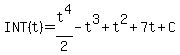 INT%28t%29+=+t%5E4%2F2+-+t%5E3+%2B+t%5E2+%2B+7t+%2B+C