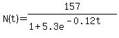 N%28t%29=157%2F%281%2B5.3e%5E%28-0.12t%29%29