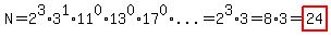 N=2%5E3%2A3%5E1%2A11%5E0%2A13%5E0%2A17%5E0%2A%22...%22=2%5E3%2A3=8%2A3=highlight%2824%29