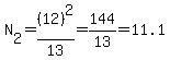 N%5B2%5D=%2812%29%5E2%2F13=144%2F13=11.1