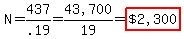 N+=+437%2F.19+=+%2243%2C700%22%2F19+=+highlight%28%22%242%2C300%22%29