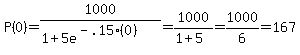 P%280%29=1000%2F%281%2B5e%5E%28-.15%280%29%29%29=1000%2F%281%2B5%29=1000%2F6=167