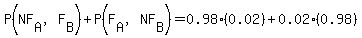 P%28NF%5BA%5D%2CF%5BB%5D%29%2BP%28F%5BA%5D%2CNF%5BB%5D%29=0.98%280.02%29%2B0.02%280.98%29