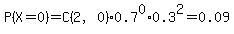 P%28X=0%29+=+C%282%2C0%29%2A0.7%5E0%2A0.3%5E2+=+0.09