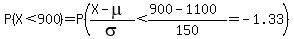 P%28X++%3C+900%29+=+P%28%28X+-+mu%29%2Fsigma+%3C+%28900+-+1100%29%2F150+=+-1.33%29