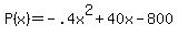 P%28x%29+=+-.4x%5E2+%2B+40x+-+800
