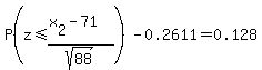 P%28z%3C=%28x%5B2%5D-71%29%2Fsqrt%2888%29%29+-+0.2611++=0.128