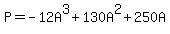 P=-12A%5E3%2B130A%5E2%2B250A
