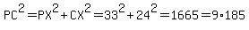 PC%5E2=PX%5E2%2BCX%5E2=33%5E2%2B24%5E2=1665=9%2A185