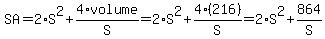 SA=2%2AS%5E2+%2B+4%2Avolume%2FS+=+2%2AS%5E2+%2B+4%2A%28216%29%2FS+=+2%2AS%5E2%2B864%2FS
