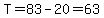 T=83-20=63