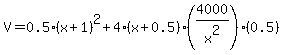 V=0.5%28x%2B1%29%5E2%2B4%28x%2B0.5%29%284000%2Fx%5E2%29%280.5%29