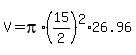 V=pi%2A%2815%2F2%29%5E2%2A26.96