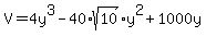 V+=+4y%5E3+-+40%2Asqrt%2810%29%2Ay%5E2+%2B+1000y