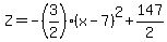 Z=-%283%2F2%29%28x-7%29%5E2%2B147%2F2