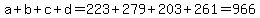 a%2Bb%2Bc%2Bd=223%2B279%2B203%2B261=966