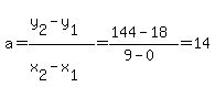 a+=+%28y%5B2%5D-y%5B1%5D%29%2F%28x%5B2%5D-x%5B1%5D%29+=+%28144-18%29%2F%289-0%29+=+14