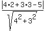abs%284%2A2%2B3%2A3-5%29%2Fsqrt%284%5E2%2B3%5E2%29