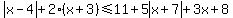abs%28x-4%29%2B2%28x%2B3%29%3C=11%2B5abs%28x%2B7%29%2B3x%2B8